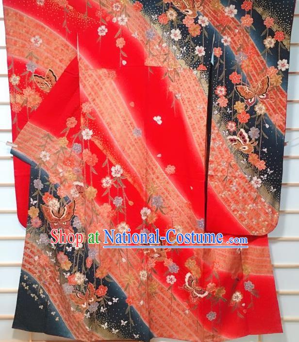 Traditional Japanese Red Furisode Kimono Japan Classical Sakura Butterfly Pattern Yukata Dress Costume for Women