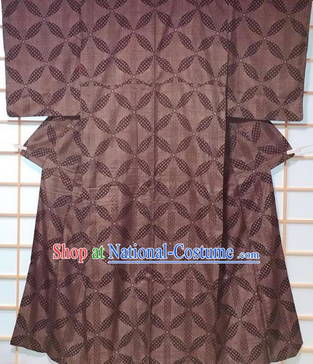 Japanese Classical Auspicious Pattern Brown Edo Komon Kimono Japan Traditional Yukata Dress Costume for Women