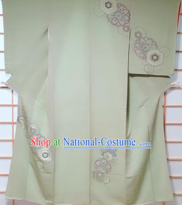 Traditional Japanese Light Green Tsukesage Kimono Japan Classical Chrysanthemum Pattern Yukata Dress Costume for Women