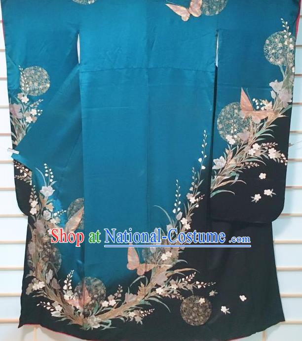 Traditional Japanese Peacock Blue Furisode Kimono Japan Classical Butterfly Pattern Yukata Dress Costume for Women