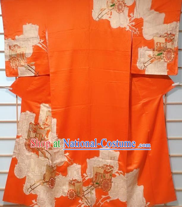 Traditional Japanese Orange Tsukesage Kimono Japan Classical Gharry Pattern Yukata Dress Costume for Women