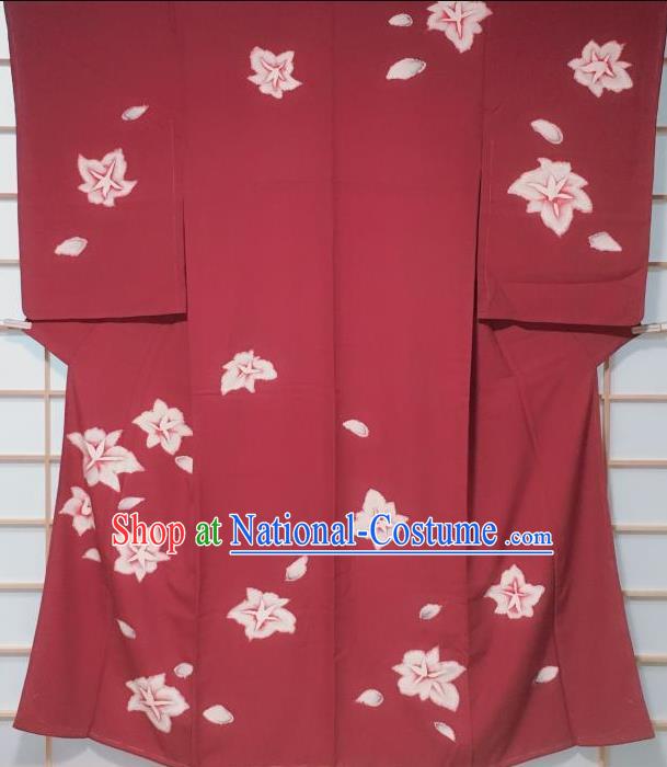 Traditional Japanese Wine Red Tsukesage Kimono Japan Classical Lily Flowers Pattern Yukata Dress Costume for Women