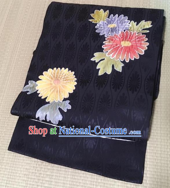 Japanese Nagoya Traditional Embroidered Chrysanthemum Black Brocade Waistband Japan Kimono Yukata Belt for Women