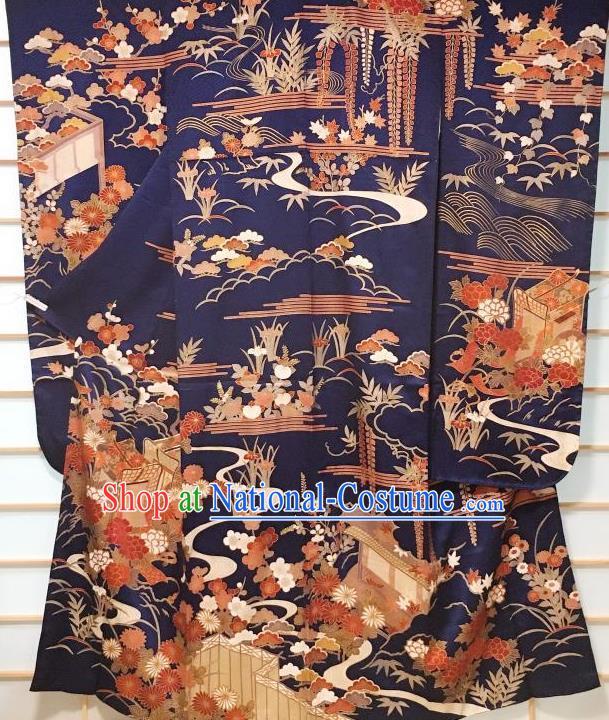 Japanese Classical Chrysanthemum Peony Pattern Deep Blue Furisode Kimono Japan Traditional Yukata Dress Costume for Women