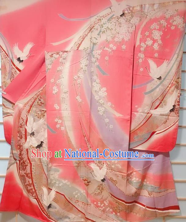 Japanese Classical Sakura Crane Pattern Pink Furisode Kimono Japan Traditional Yukata Dress Costume for Women