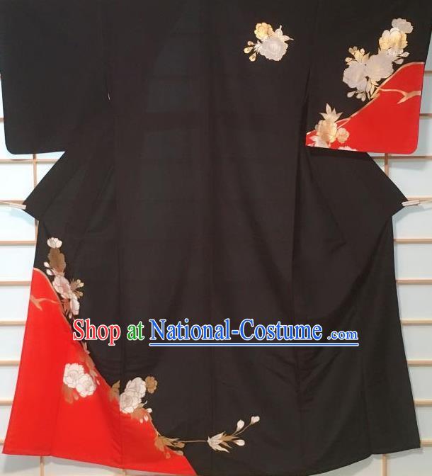 Japanese Classical Sakura Pattern Black Tsukesage Kimono Japan Traditional Yukata Dress Costume for Women