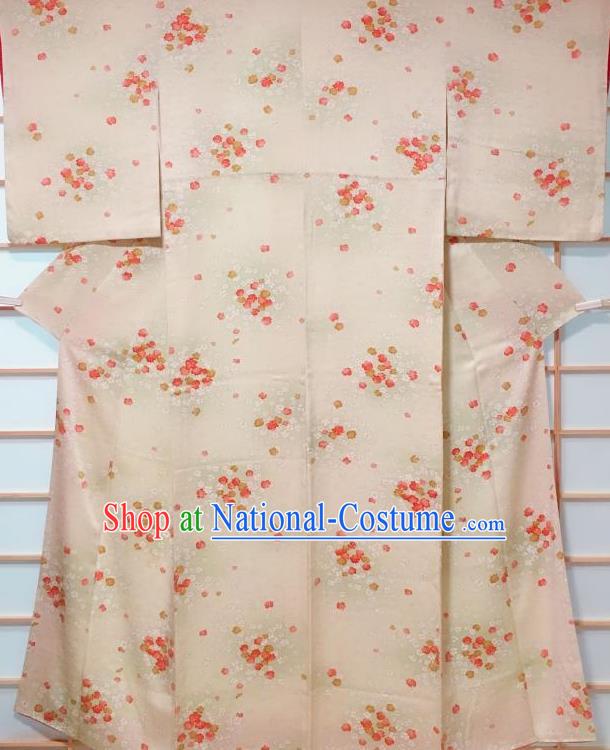 Japanese Classical Sakura Pattern Beige Tsukesage Kimono Japan Traditional Yukata Dress Costume for Women