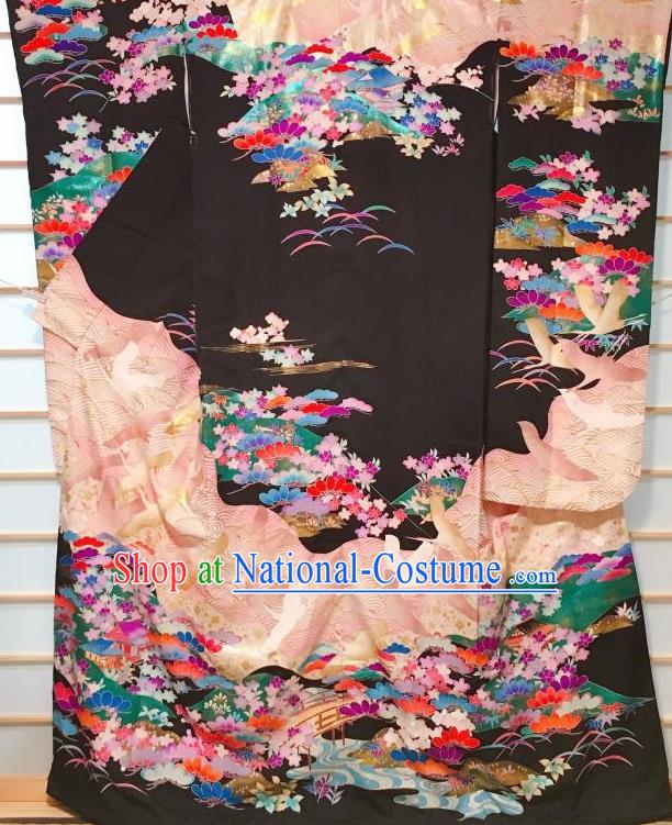 Japanese Classical Crane Pattern Black Furisode Kimono Japan Traditional Yukata Dress Costume for Women