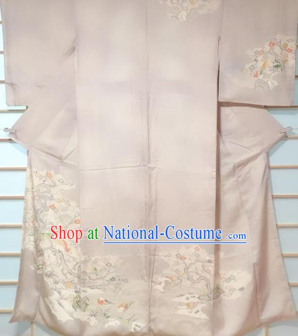 Japanese Classical Embroidered Plum Bird White Tsukesage Kimono Japan Traditional Yukata Dress Costume for Women