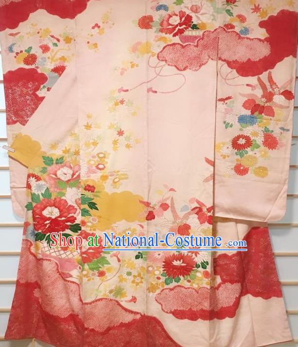 Japanese Classical Peony Chrysanthemum Pattern Pink Furisode Kimono Japan Traditional Yukata Dress Costume for Women