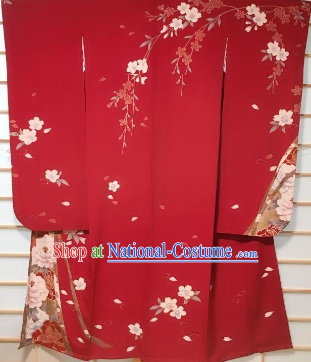 Japanese Classical Peony Pattern Red Furisode Kimono Japan Traditional Yukata Dress Costume for Women