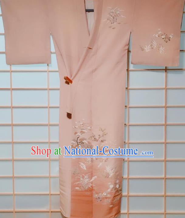 Traditional Japanese Beige Tsukesage Kimono Japan Classical Pine Chrysanthemum Pattern Yukata Dress Costume for Women