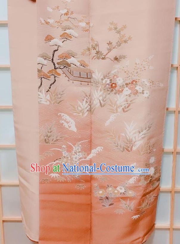 Traditional Japanese Beige Tsukesage Kimono Japan Classical Pine Chrysanthemum Pattern Yukata Dress Costume for Women