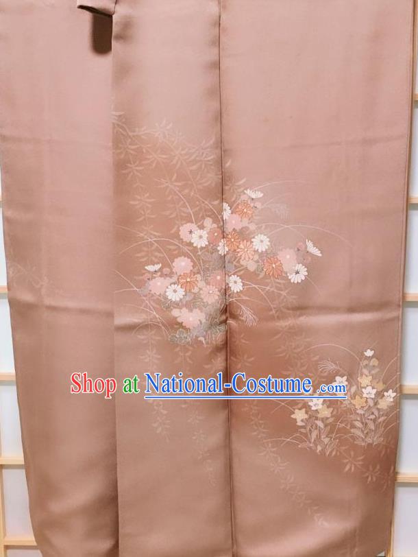 Traditional Japanese Light Brown Tsukesage Kimono Japan Classical Daisy Pattern Yukata Dress Costume for Women