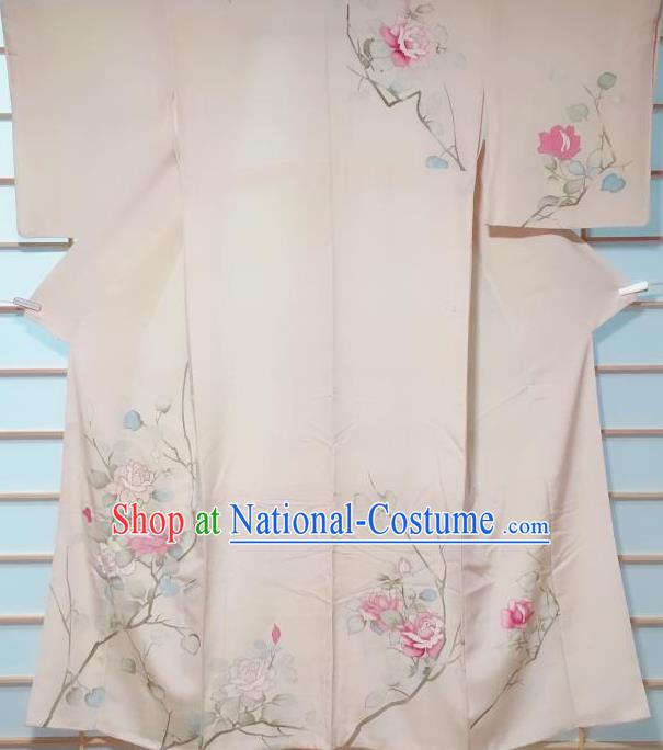 Traditional Japanese Beige Tsukesage Kimono Japan Classical Roses Pattern Yukata Dress Costume for Women