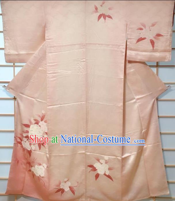 Traditional Japanese Pink Tsukesage Kimono Japan Classical Camellia Pattern Yukata Dress Costume for Women