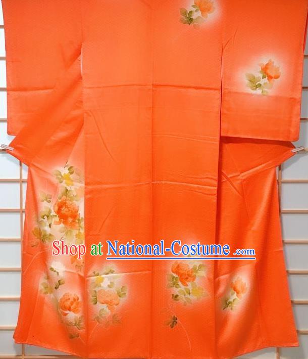 Traditional Japanese Orange Tsukesage Kimono Japan Classical Peony Pattern Yukata Dress Costume for Women