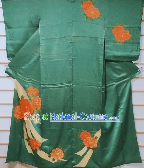 Traditional Japanese Green Silk Tsukesage Kimono Japan Classical Peony Pattern Yukata Dress Costume for Women