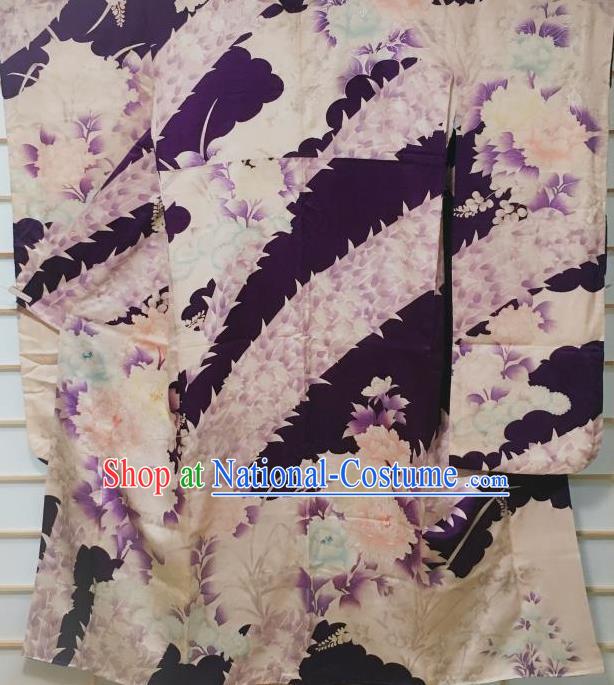 Traditional Japanese Deep Purple Furisode Kimono Japan Classical Peony Pattern Yukata Dress Costume for Women