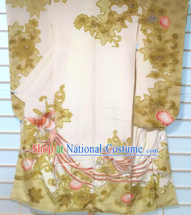 Traditional Japanese Embroidered Beige Furisode Kimono Japan Classical Phoenix Peony Pattern Yukata Dress Costume for Women