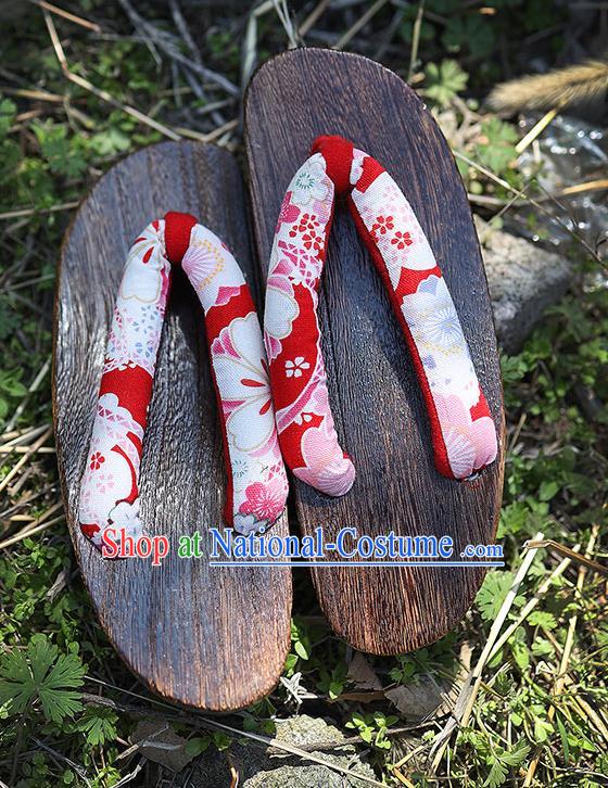 Traditional Japanese Sakura Pattern Red Geta Slippers Asian Japan Clogs Shoes for Women