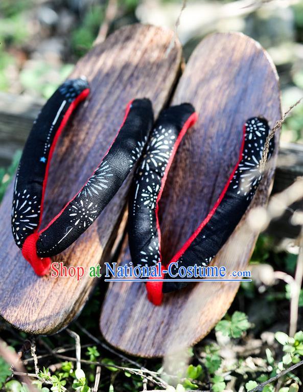 Traditional Japanese Fireworks Pattern Black Geta Slippers Asian Japan Clogs Shoes for Women