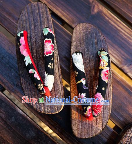 Traditional Japanese Crane Sakura Pattern Black Geta Slippers Asian Japan Clogs Shoes for Women