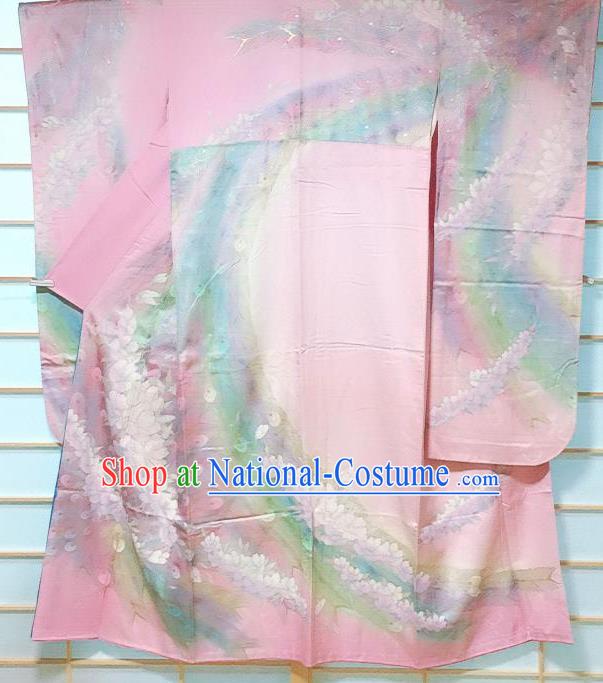 Traditional Japanese Printing Pink Furisode Kimono Japan Classical Peacock Pattern Yukata Dress Costume for Women