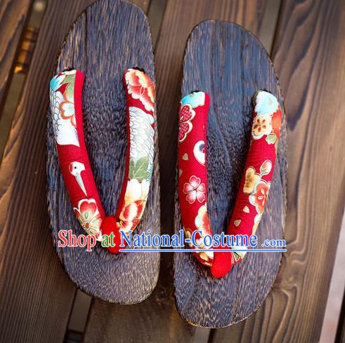 Traditional Japanese Crane Sakura Pattern Red Geta Slippers Asian Japan Clogs Shoes for Women