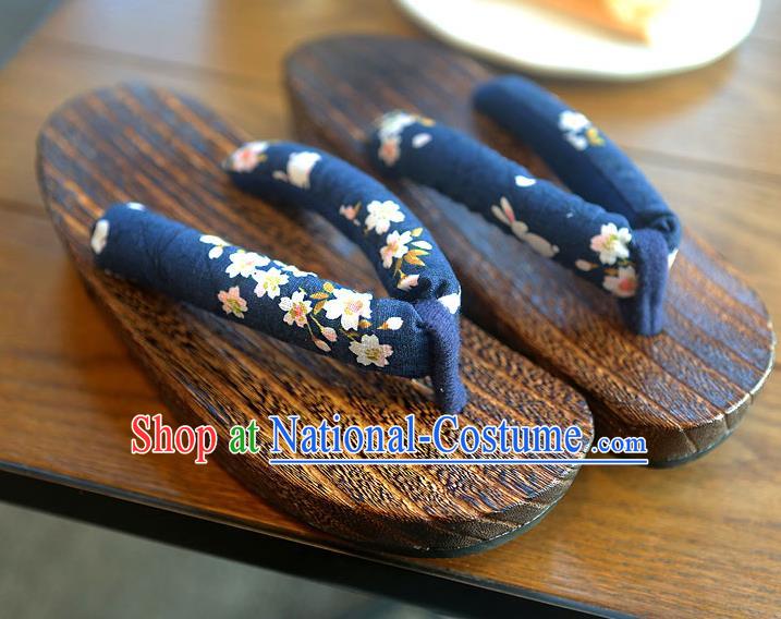 Traditional Japanese Sakura Pattern Deep Blue Geta Slippers Asian Japan Clogs Shoes for Women