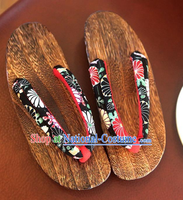 Traditional Japanese Chrysanthemum Pattern Black Geta Slippers Asian Japan Clogs Shoes for Women