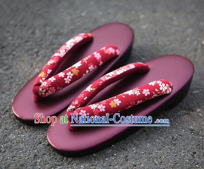 Traditional Japanese Sakura Pattern Wine Red Zori Geta Slippers Asian Japan Clogs Shoes for Women