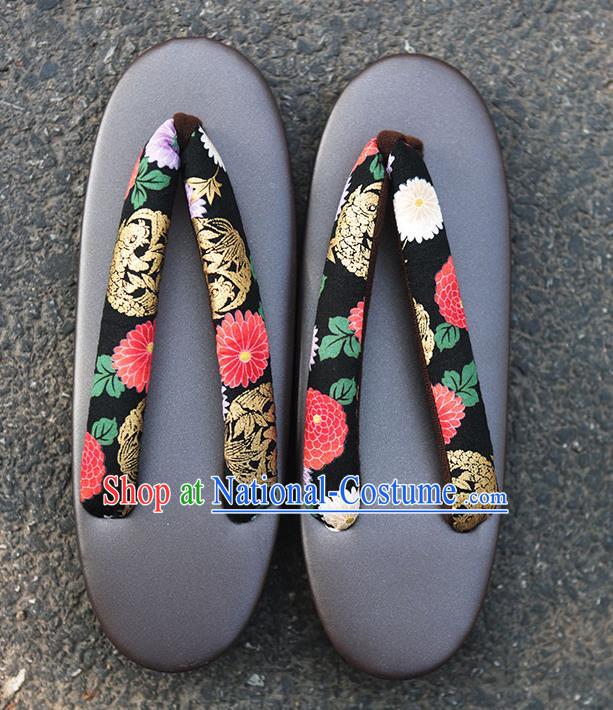 Traditional Japanese Chrysanthemum Pattern Black Zori Geta Slippers Asian Japan Clogs Shoes for Women