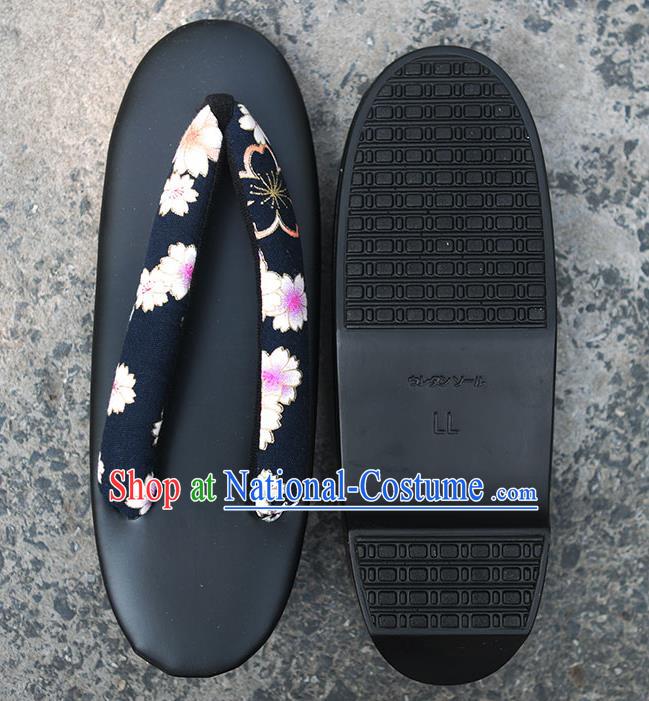 Traditional Japanese Sakura Pattern Black Zori Geta Slippers Asian Japan Clogs Shoes for Women