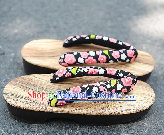 Traditional Japanese Plum Blossom Pattern Black Zori Geta Slippers Asian Japan Clogs Shoes for Women