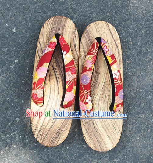 Traditional Japanese Chrysanthemum Sakura Pattern Red Zori Geta Slippers Asian Japan Clogs Shoes for Women