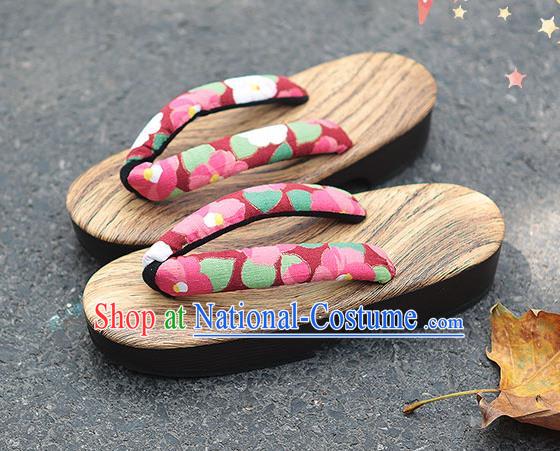 Traditional Japanese Sakura Pattern Purplish Red Zori Geta Slippers Asian Japan Clogs Shoes for Women