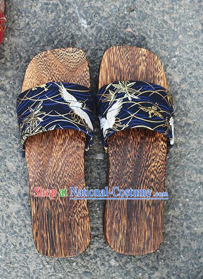 Traditional Japanese Crane Pattern Navy Slippers Geta Asian Japan Clogs Shoes for Women