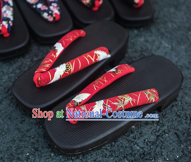 Traditional Japanese Crane Bamboo Pattern Red Slippers Geta Asian Japan Clogs Zori Shoes for Women