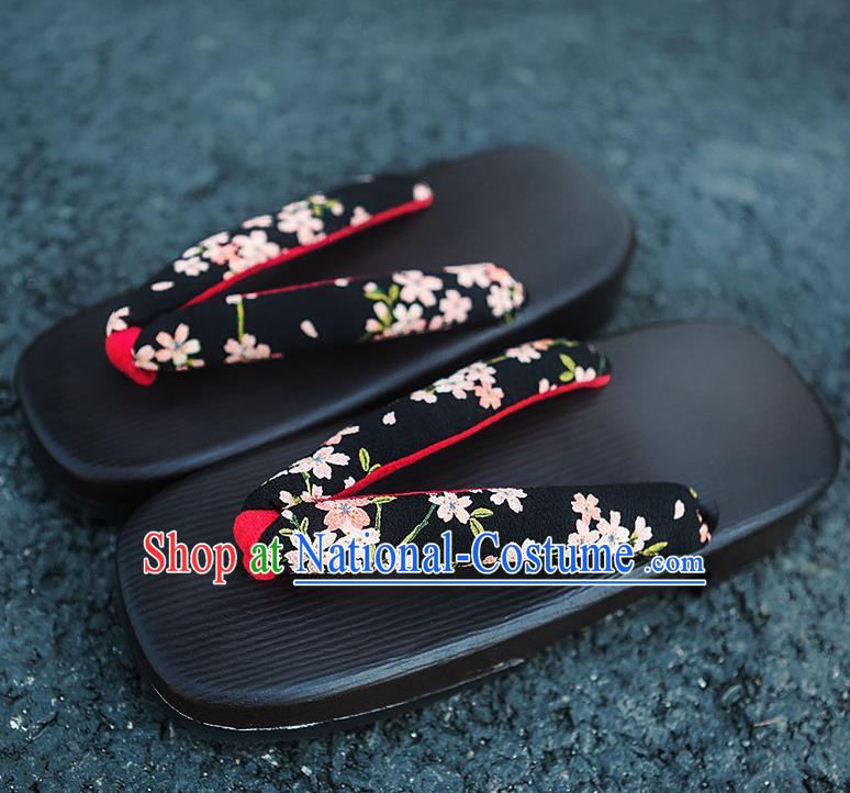 Traditional Japanese Sakura Pattern Black Slippers Geta Asian Japan Clogs Zori Shoes for Women