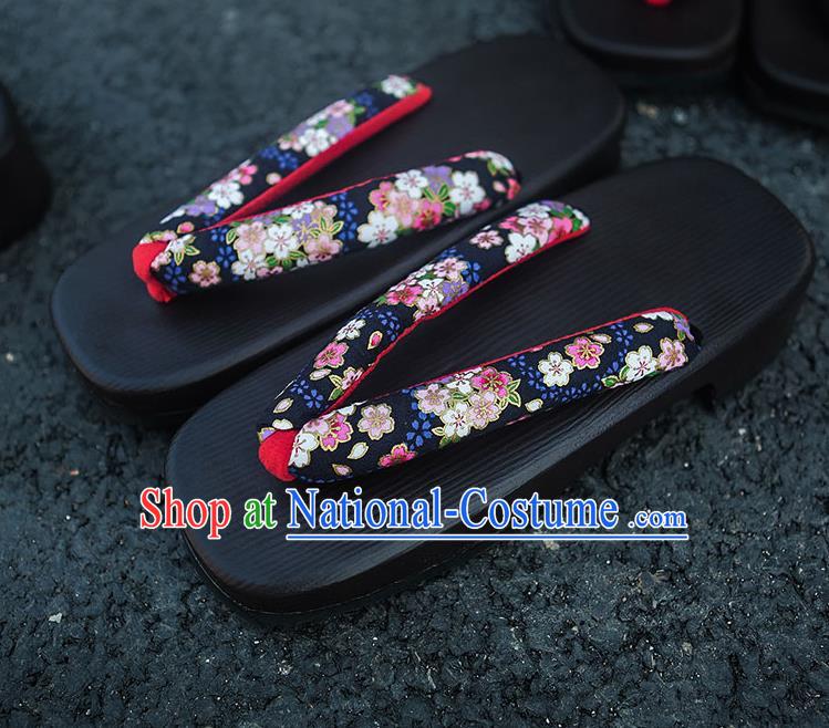 Traditional Japanese Sakura Pattern Navy Slippers Geta Asian Japan Clogs Zori Shoes for Women