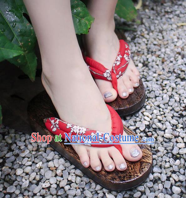 Traditional Japanese Classical Sakura Pattern Red Slippers Geta Asian Japan Clogs Zori Shoes for Women