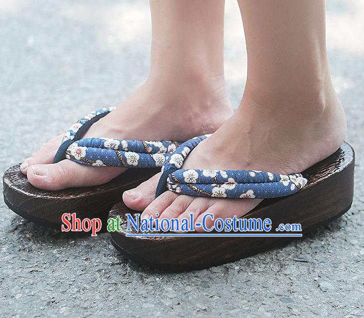 Traditional Japanese Classical Sakura Pattern Blue Slippers Geta Asian Japan Clogs Zori Shoes for Women