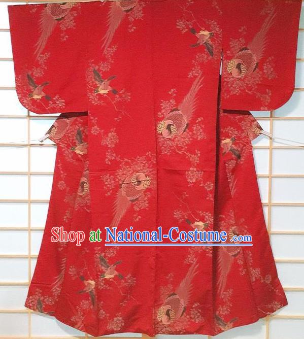 Traditional Japanese Embroidered Red Tsukesage Kimono Japan Classical Pheasant Pattern Yukata Dress Costume for Women