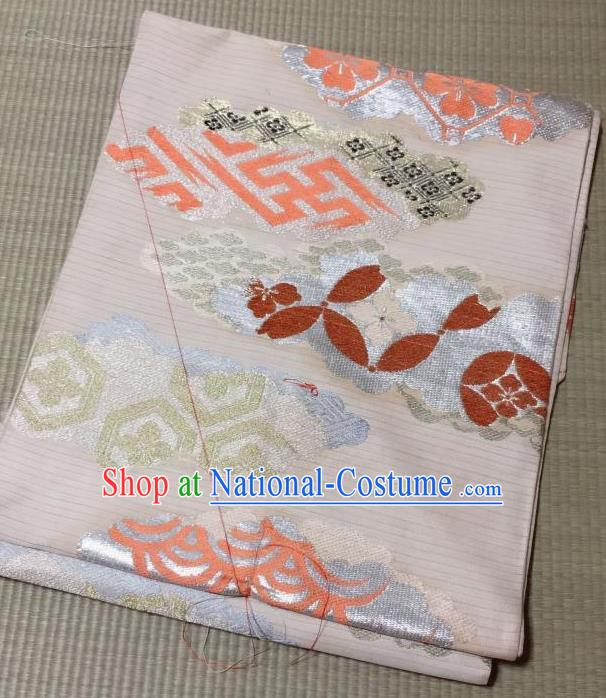 Japanese Traditional Embroidered Pattern White Brocade Waistband Japan Kimono Yukata Belt for Women