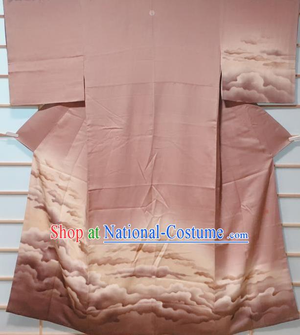 Traditional Japanese Brown Tsukesage Kimono Japan Classical Cloud Pattern Yukata Dress Costume for Women