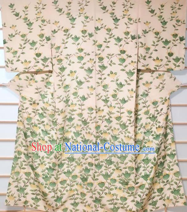 Traditional Japanese Beige Printing Kimono Japan Classical Flowers Pattern Yukata Dress Costume for Women