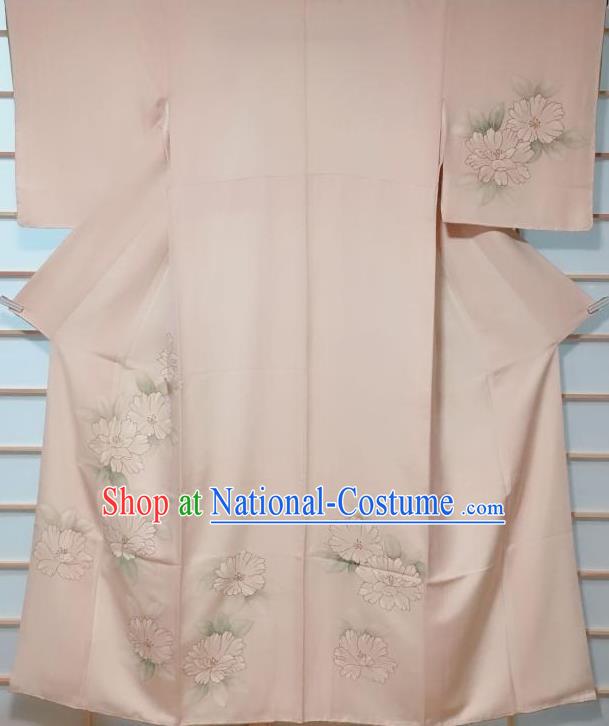 Traditional Japanese Printing Beige Tsukesage Kimono Japan Classical Camellia Pattern Yukata Dress Costume for Women