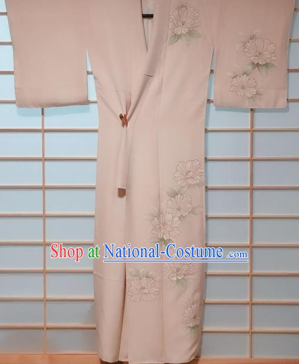 Traditional Japanese Printing Beige Tsukesage Kimono Japan Classical Camellia Pattern Yukata Dress Costume for Women