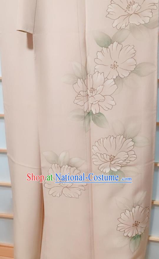 Traditional Japanese Printing Beige Tsukesage Kimono Japan Classical Camellia Pattern Yukata Dress Costume for Women